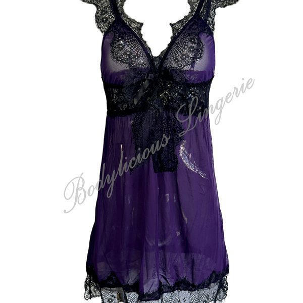 Colorblock Mesh Nightdress with Black Lace