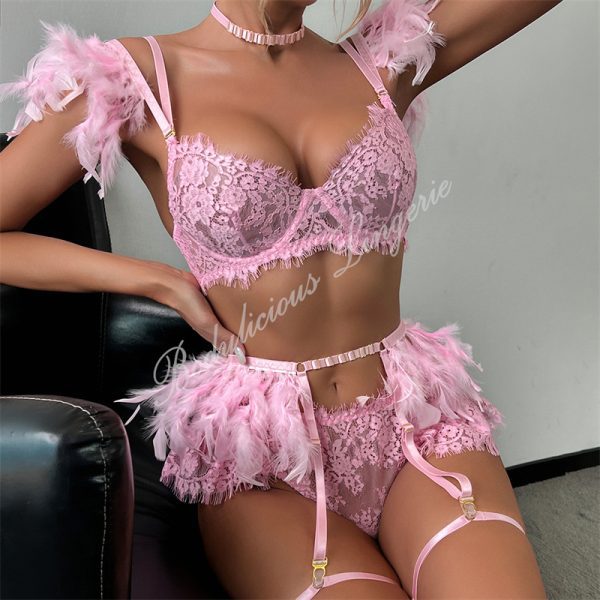 Feather Sheer Floral lace Set With Garter Belt