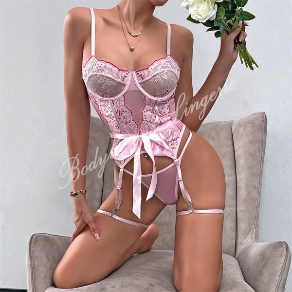 Pink Ribbon Lace Bodysuit With Garter