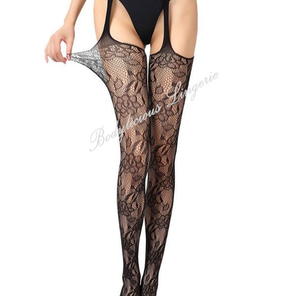 Floral Lace Fish-Net Stocking With Suspender