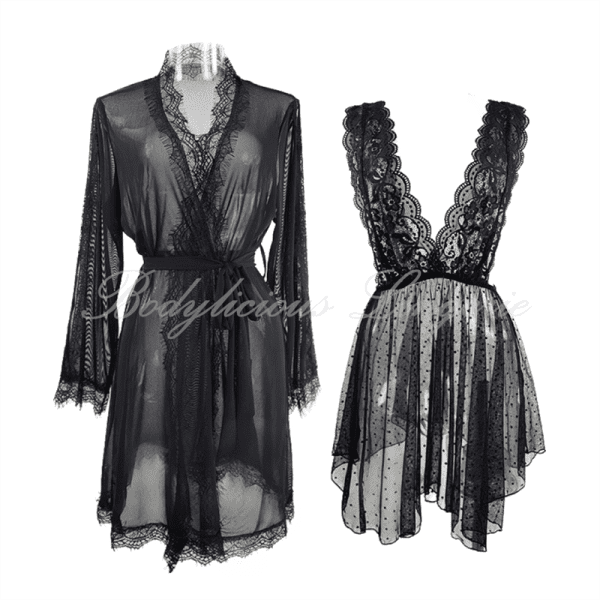 Elegant Set-Sheer Robe with Dot Mesh Lace Nighty