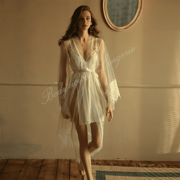 Sheer Lace Trim Long Robe with Tie Waist