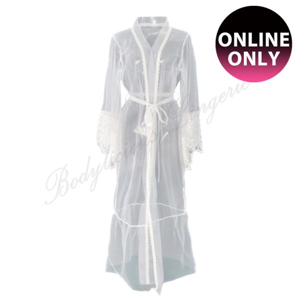 Sheer Lace Trim Long Robe with Tie Waist