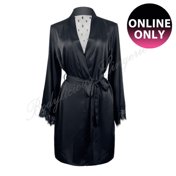 Satin Robe with Sheer Dot Back and Lace Cuffs