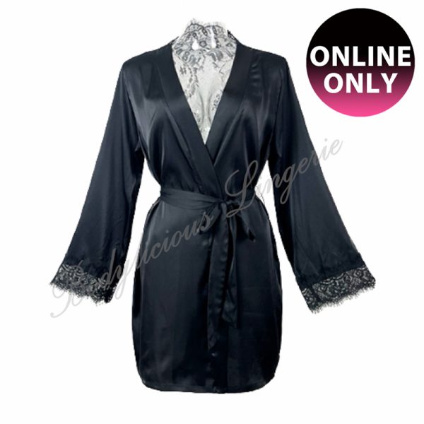 Black Satin Robe with Floral Back Back Detail